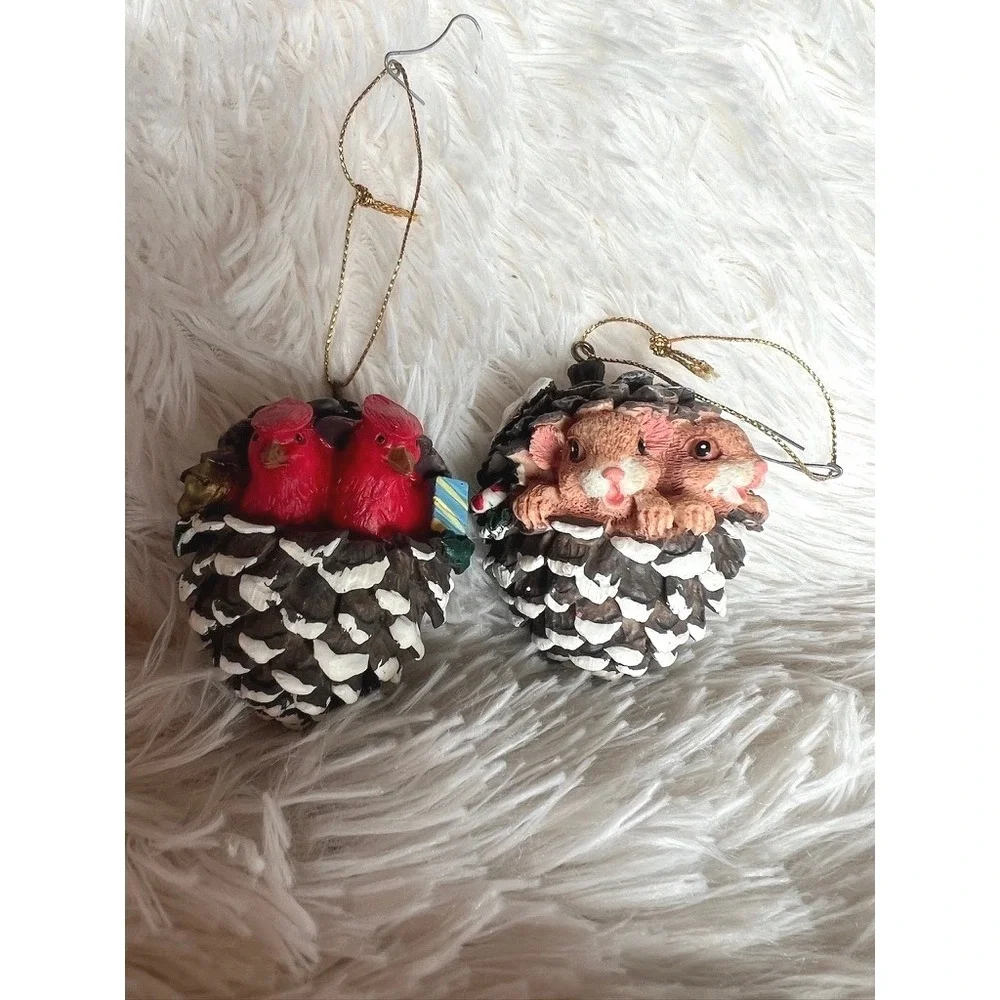 Pine Cone Christmas Ornaments Set 2 Cardinal Mice Snow Woodland Charm Forest